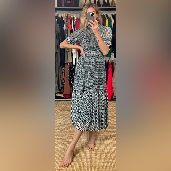 Proenza Schouler Silk Long Ruffle Raw Edge Hem Mock Neck A Line Maxi Dress - Picture 3 of 17